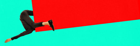 Weird pose of male body and legs. Journalism, advertisement. Contemporary art collage. Complementary...