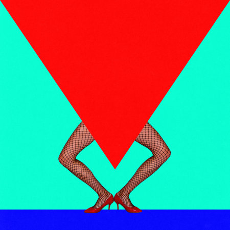 Party time. Female legs in tights and heels with triangle empty space. Contemporary art collage. Complementary colors.の写真素材