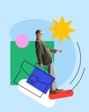 Young redhead man, programmer with briefcase working on usability of applications. Fast loading. Contemporary art collage.の写真素材