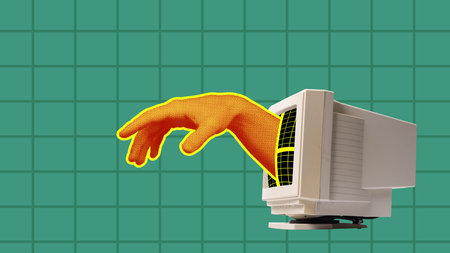 Human hand sticking out computer monitor. Web development, Internet, online resources. Contemporary art collage. Paper, noise effectの写真素材