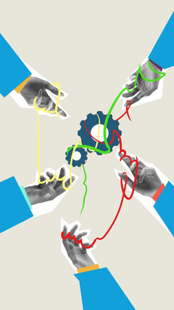 Human hands working together, fixing problems and mistakes in projects. teamwork, assistance and...