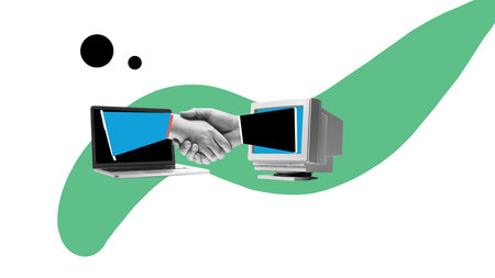 Human hands sticking out laptop and computer and shaking. Business cooperation and partnership....