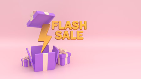 Flash sales. Open present box with 50 percent discount for good shopping. Big sale season. Gift for birthdays, holidays. 3D collageの写真素材