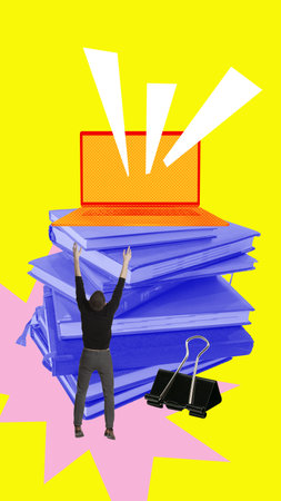 Young man working on laptop, reading many books, searching new information over yellow background....