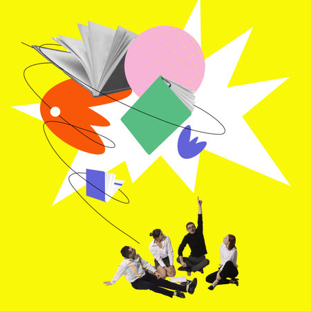 Group of of young people, employees, colleagues sitting on floor and learning new information with books. Contemporary art collage.の写真素材