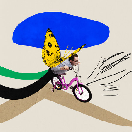Young man riding on small bicycle with butterfly wings. Creative department in marketing. Contemporary art collage.の写真素材