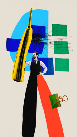 Young man, employee talking on phone, communicating with partners, working with customer services. Contemporary art collage.の写真素材
