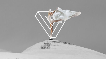 Tenderness and freedom. Elegant, beautiful woman, ballerina dancing with transparent fabric over light background with abstract design element. Contemporary art collage.の写真素材