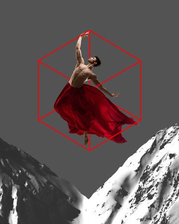 Handsome, muscular young man, ballet dancer dancing with red silk fabric over snowy monochrome mountains with abstract design element. Contemporary art collage.の写真素材