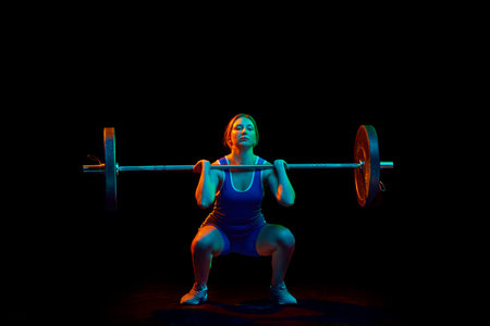 Concentrated strong young woman, athlete training doing squats, lifting heavy barbell against black background in neon lightの写真素材