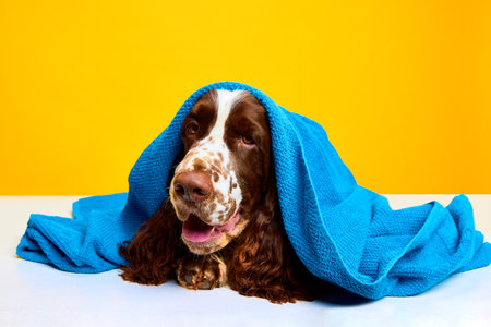 Adorable dog, purebred English springer spaniel lying in towel after bathing, relaxing against yellow studio background. Pamper timeの写真素材