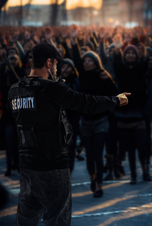 Safety of community. Policeman controlling crown of people, activist on streets making protest, demonstrationの素材