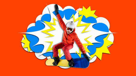 Active sportsman, snowboarder in sportswear snowboarding over bright background. Pop art....