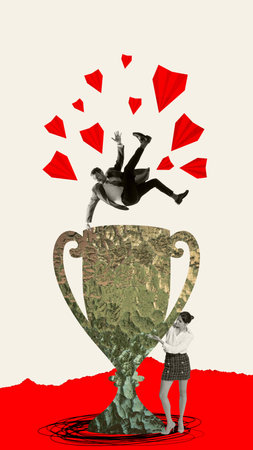 Man, employee falling down on trophy that woman holding. Professional promotion and success....