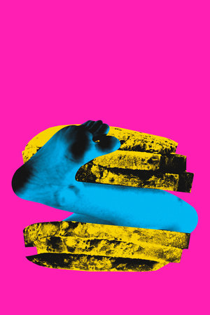 Human leg stickling out stones against bright pink background. New era, changes. Contemporary art collage.の写真素材