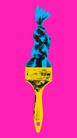 Brush and braid over pink background. Beauty sphere. Contemporary art collage.の写真素材