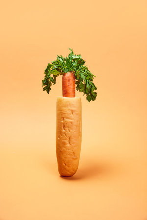 Carrot placed into bun instead of sausage against orange background. Healthy hot dog. Organic products and healthy foodの写真素材