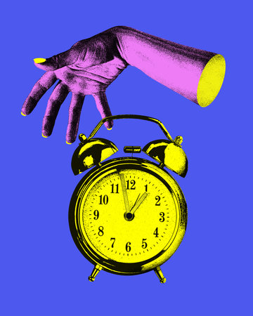 Female hand and alarm clock over blue background. Time management. Contemporary art collage.の写真素材