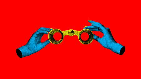Female hands holding binocular, opera glass against red background. Theater time. Contemporary art collage.の写真素材