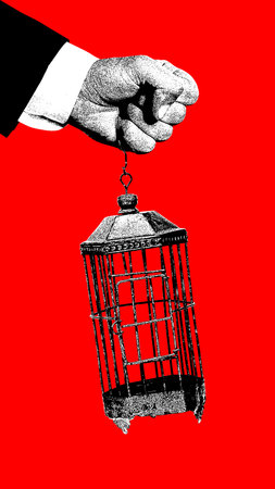 Male hand holding empty bird cage against red background. Control. Contemporary art collage.の写真素材