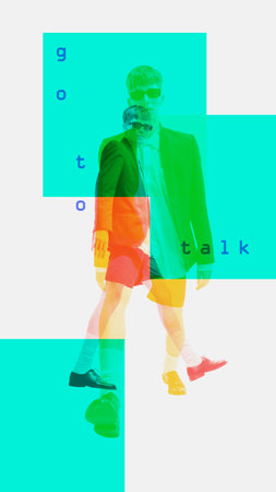 Young stylish man, employee working in customer support service. Talking. Contemporary art collageの写真素材