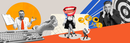 Brainstorming, professional challenges. Young people, employees working with financial strategies. Contemporary art collage. Business conceptの写真素材