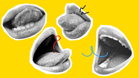 Female mouth over bright yellow background. Communication, mass media, information. Contemporary art collage.の写真素材