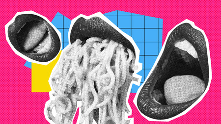 Female mouth eating delicious pasta over colorful background. Pop art. Contemporary art collage.の写真素材