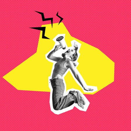 Young woman jumping and emotionally shouting in megaphone over bright background. News, advertisement. Contemporary art collage.の写真素材