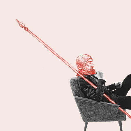 Businessman in black suit sitting on armchair over light background. Drawings of knight head and arrow. Contemporary art collage.の写真素材