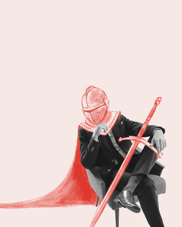 Businessman in formal wear with drawn knight head sitting in thoughtful pose. Freedom, acceptance, success. Contemporary art collage.の写真素材