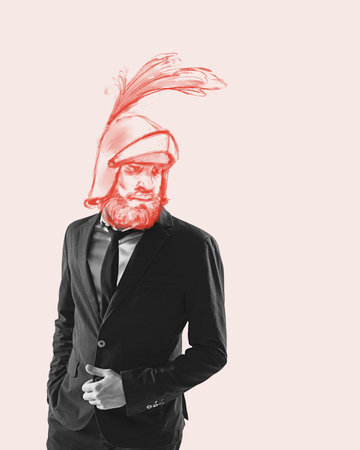 Man in a suit, businessman with drawn head of knight over light background. Big boss. Control and power. Contemporary art collage.の写真素材
