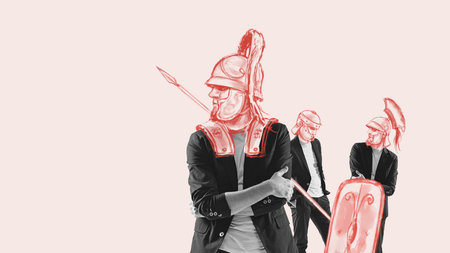 Man in black suit with drawn knight head. Equality, human rights, freedom. Contemporary art collage.の写真素材