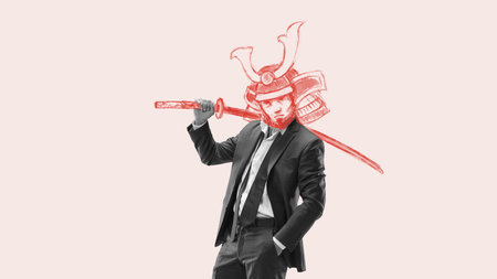 Businessman with drawn head holding sword. Fighting for human rights and social equality. Contemporary art collage.の写真素材