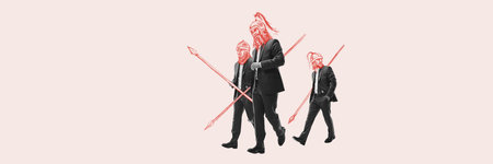 Power of human. Man with drawn knight heads in formal wear. Freedom, historical events. Contemporary art collage.の写真素材