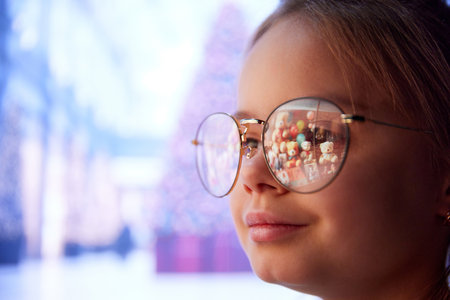 Little beautiful girl, child looking on shopping window with many toys. Christmas tree background. Shopping mall. Eyeglass reflectionの写真素材