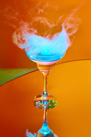 Extravagant drink serving. Glass with martini cocktail and smoke on top against orange background in...