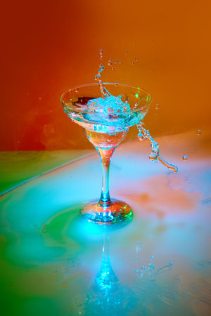 Ice cube falling into glass with martini cocktail against orange background in neon light with smoke effect. Splashes of drinkの写真素材