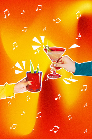 Cheers. Female hands, friends clinking classes with different cocktails over colorful background. Contemporary art collage.の写真素材