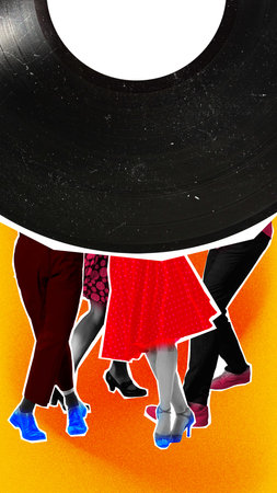 Human legs, people dancing against big vinyl record player over yellow background. Contemporary art collage.の写真素材