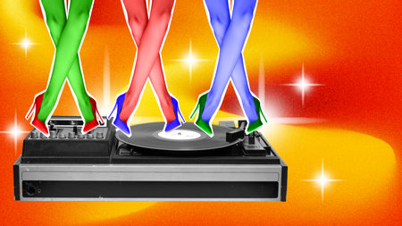 Female legs in colorful heels dancing on music player over gradient yellow background. Contemporary art collage.の写真素材