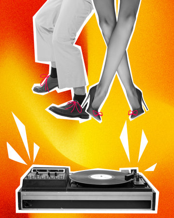 Male and female legs handing under vinyl record player over gradient yellow background. Contemporary art collage.の写真素材