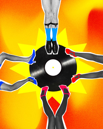 Funny legs dancing on vinyl over gradient yellow background. Friends hanging out. Contemporary art collage.の写真素材