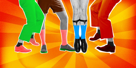 Male legs in stylish and funny clothes dancing over gradient yellow red background. Contemporary art collage.の写真素材
