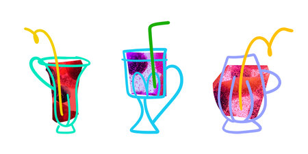 Set of drawn cups filled with fresh berries over white background. Organic tea, lemonade. Creative design with doodles.の写真素材