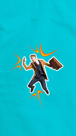 Young man, businessman jumping and looking on mobile phone with shock and excitement over blue...