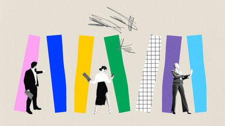 Business people, employees, co-workers working together on projects, analytics and strategies. Contemporary art collage.の写真素材