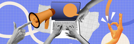 E-marketing. Employees working on news, information, media posts creation. Chat, announcement. Contemporary art collage.の写真素材