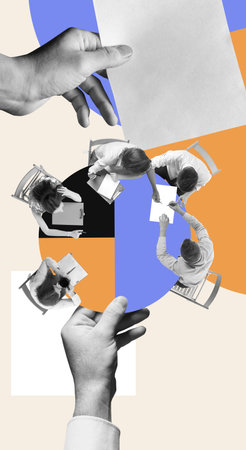 Conference. Employees, colleagues attending meeting, discussing projects and working on analytics, strategies. Contemporary art collage.の写真素材