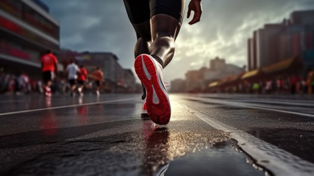 Cropped image of legs of athlete in motion, running on asphalt road, marathon runner. Winnerの素材